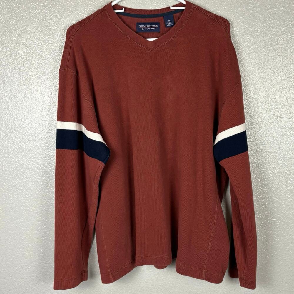 Roundtree & York Men’s Size XL Orange Blue Stripe Long Sleeve Vneck Cotton Shirt